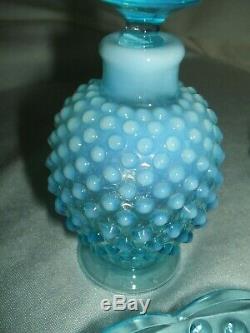 Fenton Blue Opalescent Hobnail Fan Vanity Dresser Set Rare 7 Piece