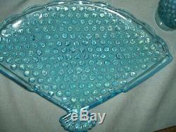 Fenton Blue Opalescent Hobnail Fan Vanity Dresser Set Rare 7 Piece