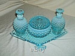 Fenton Blue Opalescent Hobnail Fan Vanity Dresser Set Rare 7 Piece