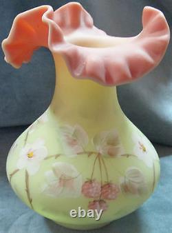 Fenton Burmese Glass Artist Signed Hand Painted With Fluted Top Rim Vase