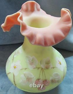 Fenton Burmese Glass Artist Signed Hand Painted With Fluted Top Rim Vase