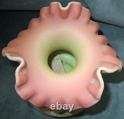 Fenton Burmese Glass Artist Signed Hand Painted With Fluted Top Rim Vase