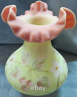 Fenton Burmese Glass Artist Signed Hand Painted With Fluted Top Rim Vase