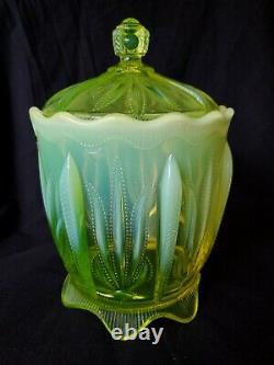 Fenton Cactus Topaz Vaseline Glass LARGE Covered Cracker Cookie Jar RARE