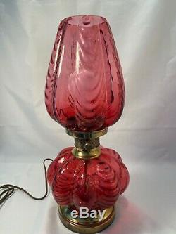 Fenton Cranberry Drapery Melon Glass Parlor Dresser Vanity Lamp 16.75H Vintage