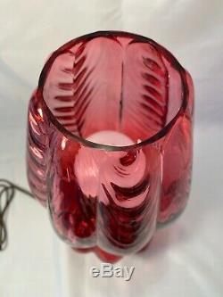 Fenton Cranberry Drapery Melon Glass Parlor Dresser Vanity Lamp 16.75H Vintage