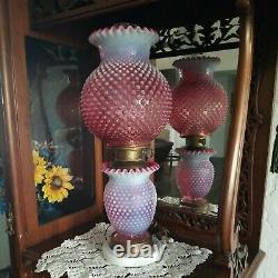 Fenton Cranberry Opal Hobnail Electric Parlor Lamp Marble Base Excellent Vintage