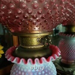 Fenton Cranberry Opal Hobnail Electric Parlor Lamp Marble Base Excellent Vintage