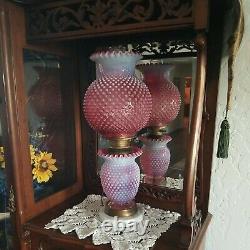 Fenton Cranberry Opal Hobnail Electric Parlor Lamp Marble Base Excellent Vintage