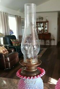 Fenton Cranberry Opal Hobnail Electric Parlor Lamp Marble Base Excellent Vintage
