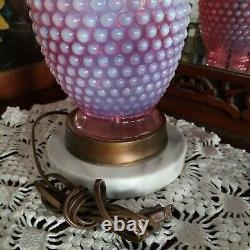 Fenton Cranberry Opal Hobnail Electric Parlor Lamp Marble Base Excellent Vintage