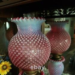 Fenton Cranberry Opal Hobnail Electric Parlor Lamp Marble Base Excellent Vintage