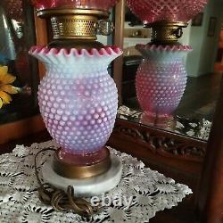 Fenton Cranberry Opal Hobnail Electric Parlor Lamp Marble Base Excellent Vintage