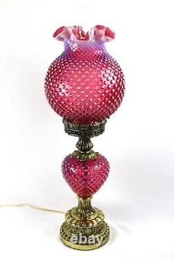 Fenton Cranberry Opalescent Hobnail Pattern Pillar GWTW Lamp 26 Tall