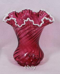 Fenton Cranberry Snow Crest Swirl Ruffled Edge Vase (8 1/2 Tall)