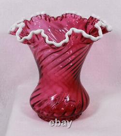 Fenton Cranberry Snow Crest Swirl Ruffled Edge Vase (8 1/2 Tall)