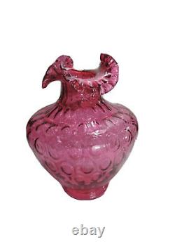 Fenton Cranberry Vase Coin Dot 11 in tall Vintage Ruffle Top Crimped Glass #E25