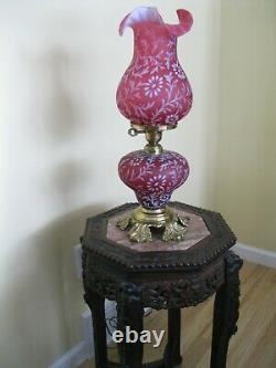 Fenton Daisy Fern Cranberry Opalescent Lamp 3 Way Parlor Light 20 Hurricane