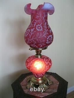 Fenton Daisy Fern Cranberry Opalescent Lamp 3 Way Parlor Light 20 Hurricane