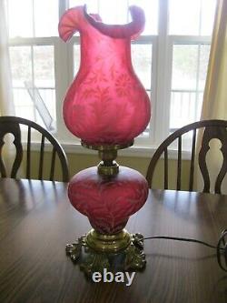 Fenton Daisy Fern Cranberry Opalescent Lamp 3 Way Parlor Light 20 Hurricane