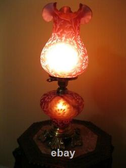 Fenton Daisy Fern Cranberry Opalescent Lamp 3 Way Parlor Light 20 Hurricane
