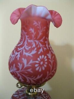 Fenton Daisy Fern Cranberry Opalescent Lamp 3 Way Parlor Light 20 Hurricane