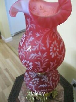 Fenton Daisy Fern Cranberry Opalescent Lamp 3 Way Parlor Light 20 Hurricane