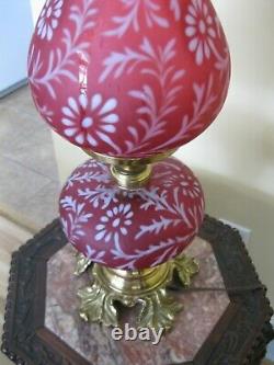 Fenton Daisy Fern Cranberry Opalescent Lamp 3 Way Parlor Light 20 Hurricane