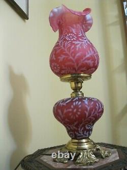 Fenton Daisy Fern Cranberry Opalescent Lamp 3 Way Parlor Light 20 Hurricane