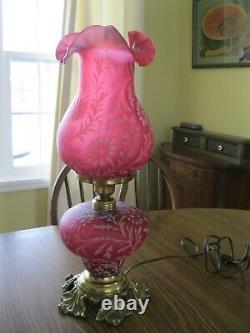 Fenton Daisy Fern Cranberry Opalescent Lamp 3 Way Parlor Light 20 Hurricane