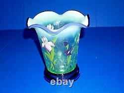 Fenton Designer Showcase Ser Vase & base purple green floral motif 3 signatures