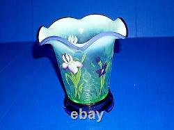 Fenton Designer Showcase Ser Vase & base purple green floral motif 3 signatures