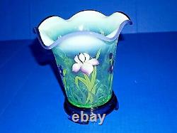 Fenton Designer Showcase Ser Vase & base purple green floral motif 3 signatures