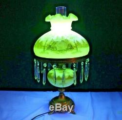 Fenton Glass 1976 #7412 Custard Hand Painted Log Cabin Student/Parlor Lamp