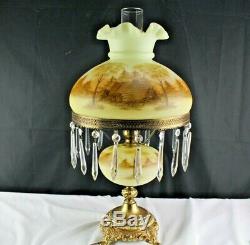 Fenton Glass 1976 #7412 Custard Hand Painted Log Cabin Student/Parlor Lamp