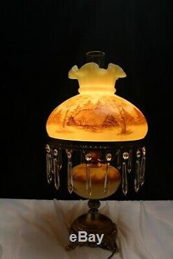 Fenton Glass 1976 #7412 Custard Hand Painted Log Cabin Student/Parlor Lamp