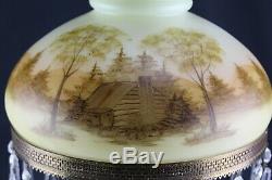 Fenton Glass 1976 #7412 Custard Hand Painted Log Cabin Student/Parlor Lamp