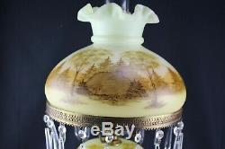 Fenton Glass 1976 #7412 Custard Hand Painted Log Cabin Student/Parlor Lamp