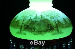 Fenton Glass 1976 #7412 Custard Hand Painted Log Cabin Student/Parlor Lamp