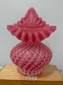 Fenton Glass Cranberry Opalescent Spiral Optic Hobnail Tulip Jip Pulpit Vase