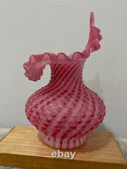 Fenton Glass Cranberry Opalescent Spiral Optic Hobnail Tulip Jip Pulpit Vase