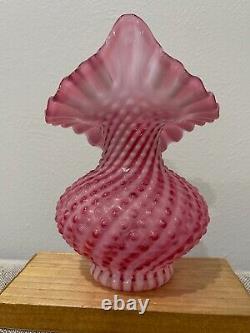 Fenton Glass Cranberry Opalescent Spiral Optic Hobnail Tulip Jip Pulpit Vase