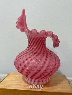 Fenton Glass Cranberry Opalescent Spiral Optic Hobnail Tulip Jip Pulpit Vase