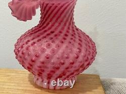 Fenton Glass Cranberry Opalescent Spiral Optic Hobnail Tulip Jip Pulpit Vase