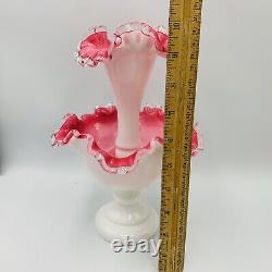 Fenton Glass Peach Blow Single Horn 10.25 Epergne Vtg White Pink Silver Crest