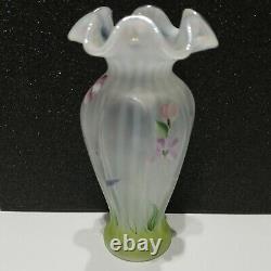 Fenton Glass Vase Flowers Signed Opalescent Crest Hand Painted Crafted Vintage