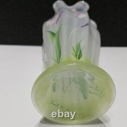 Fenton Glass Vase Flowers Signed Opalescent Crest Hand Painted Crafted Vintage