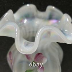 Fenton Glass Vase Flowers Signed Opalescent Crest Hand Painted Crafted Vintage