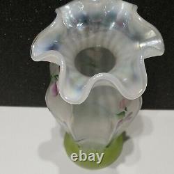 Fenton Glass Vase Flowers Signed Opalescent Crest Hand Painted Crafted Vintage