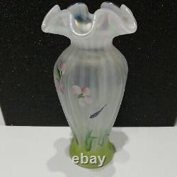 Fenton Glass Vase Flowers Signed Opalescent Crest Hand Painted Crafted Vintage